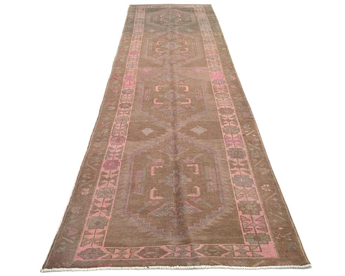 13 Ft Vintage Brown Persian Style Hand Knotted Low Pile Wool Runner Rug